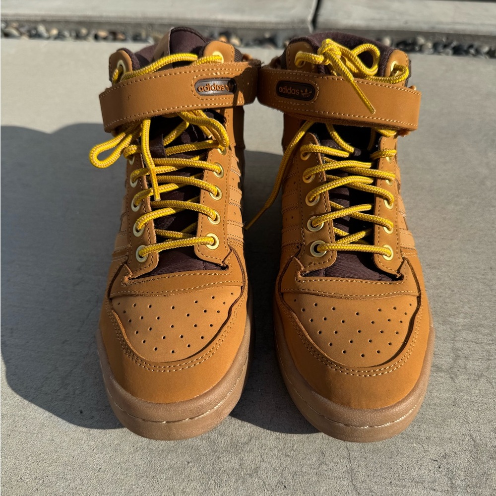 Adidas Brown High-Top Sneakers with Yellow Laces